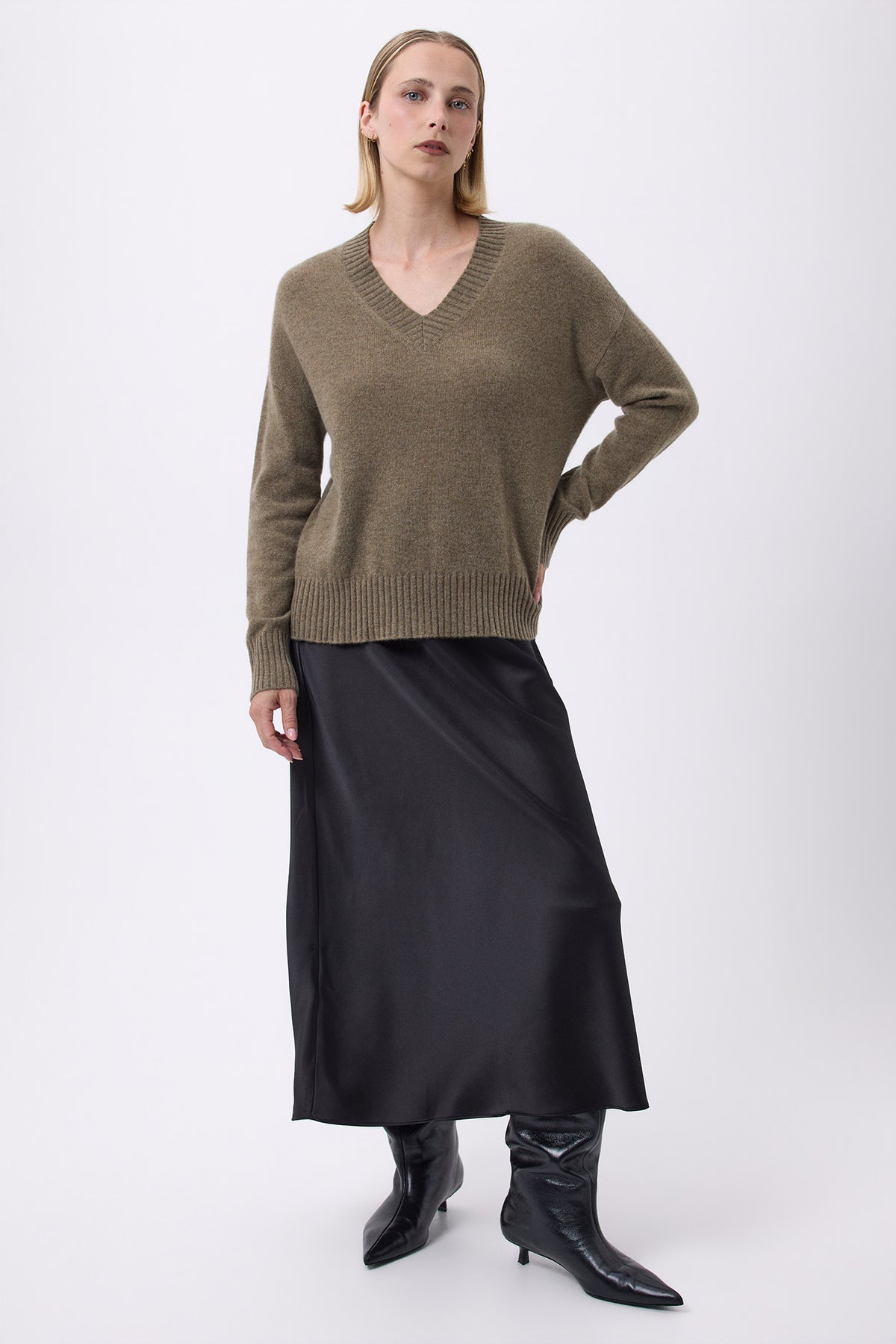 Pull Oversize Col V Gros Rib F Everyday - Vert Khaki - Femme