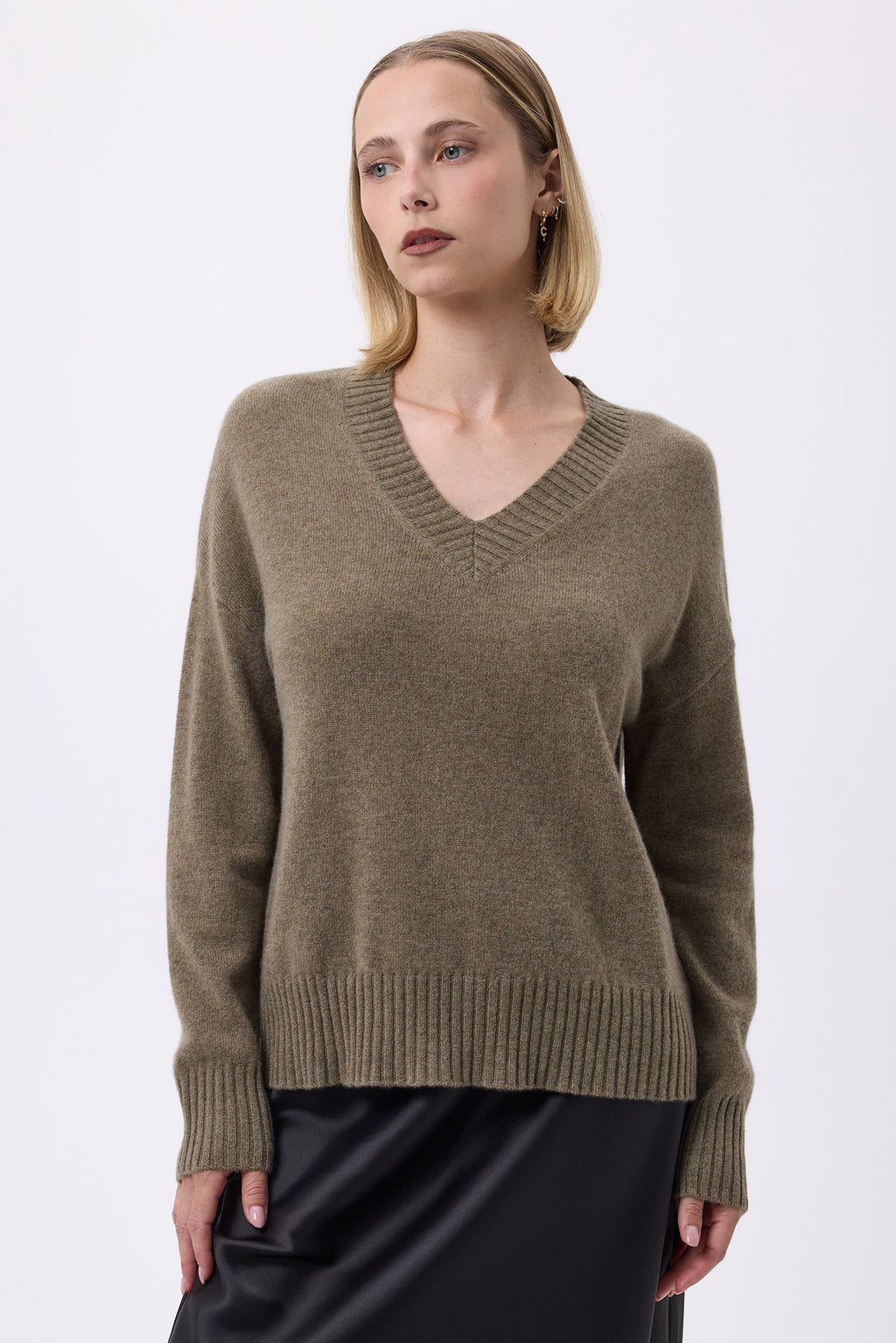 Pull Oversize Col V Gros Rib F Everyday - Vert Khaki - Femme