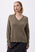 Pull Oversize Col V Gros Rib F Everyday - Vert Khaki - Femme
