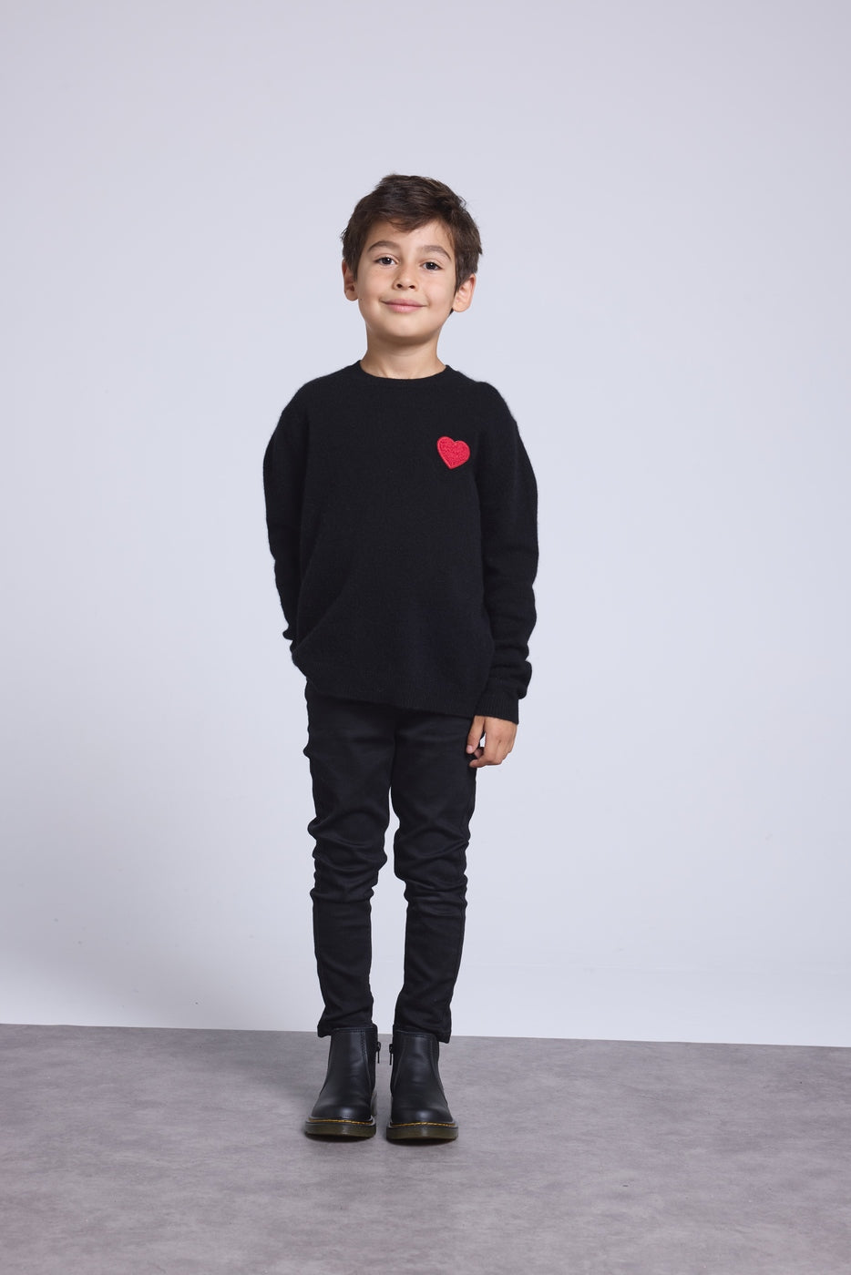 Pull Col Rond Cœur Pompon Evy - Noir Rouge - Enfant - 100% Cachemire