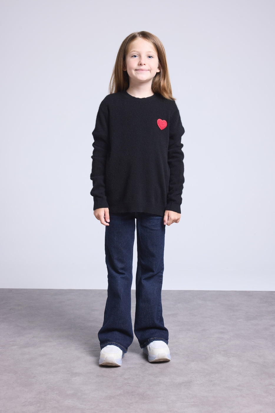 Pull Col Rond Cœur Pompon Evy - Noir Rouge - Enfant - 100% Cachemire