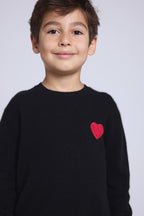 Pull Col Rond Cœur Pompon Evy - Noir Rouge - Enfant - 100% Cachemire