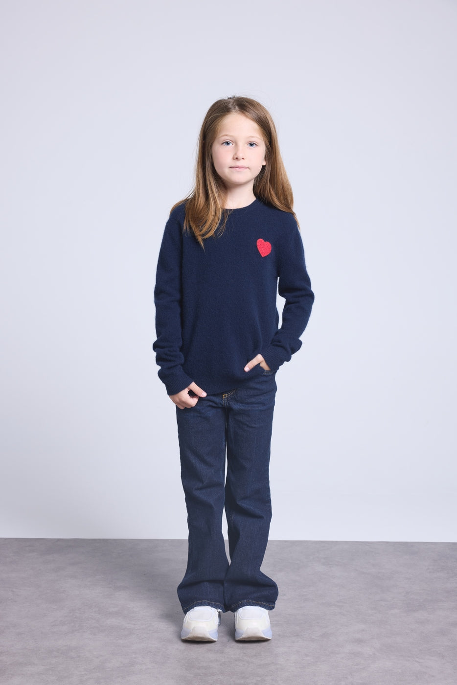 Pull Col Rond Cœur Pompon Evy - Bleu Marine Rouge - Enfant