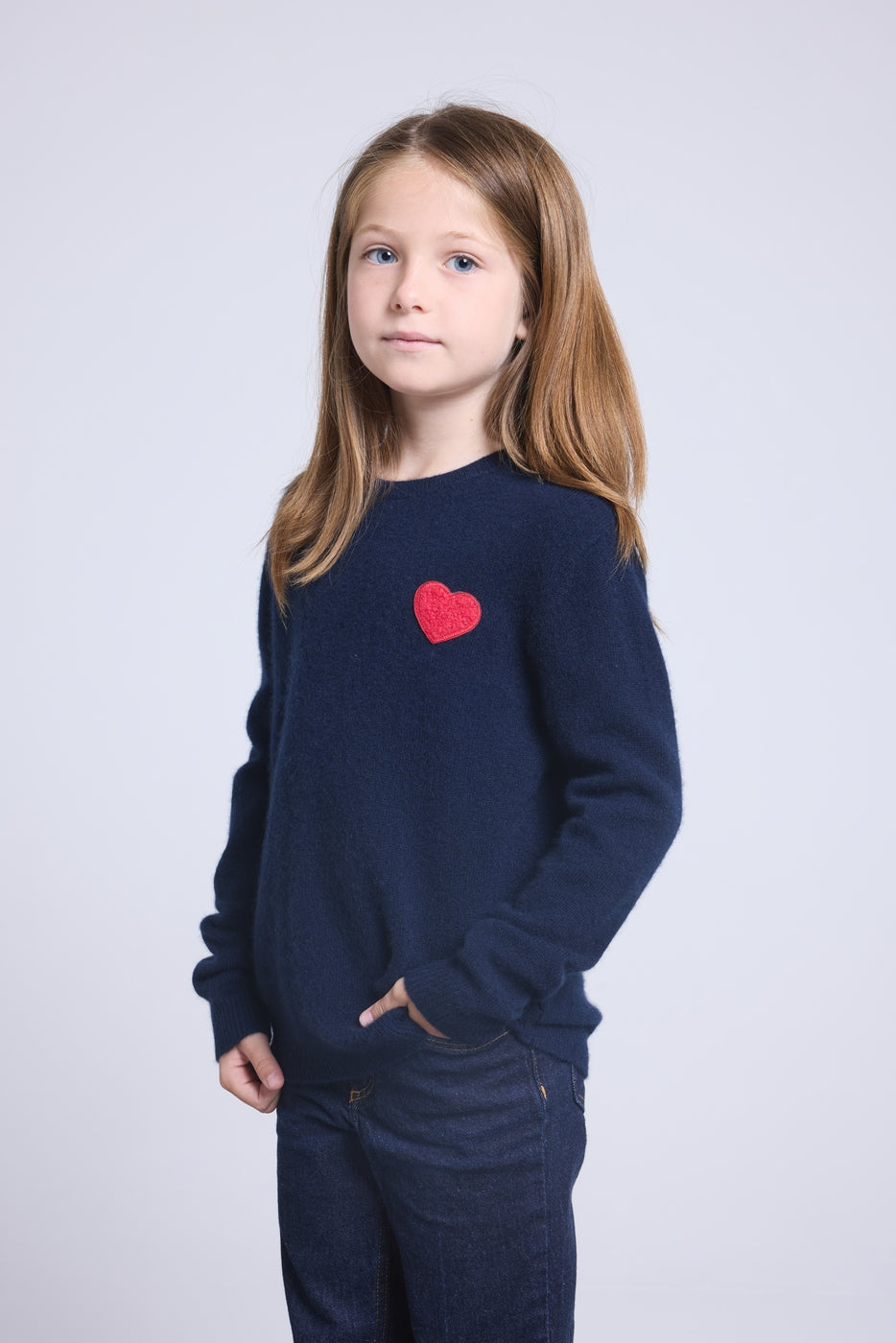 Pull Col Rond Cœur Pompon Evy - Bleu Marine Rouge - Enfant