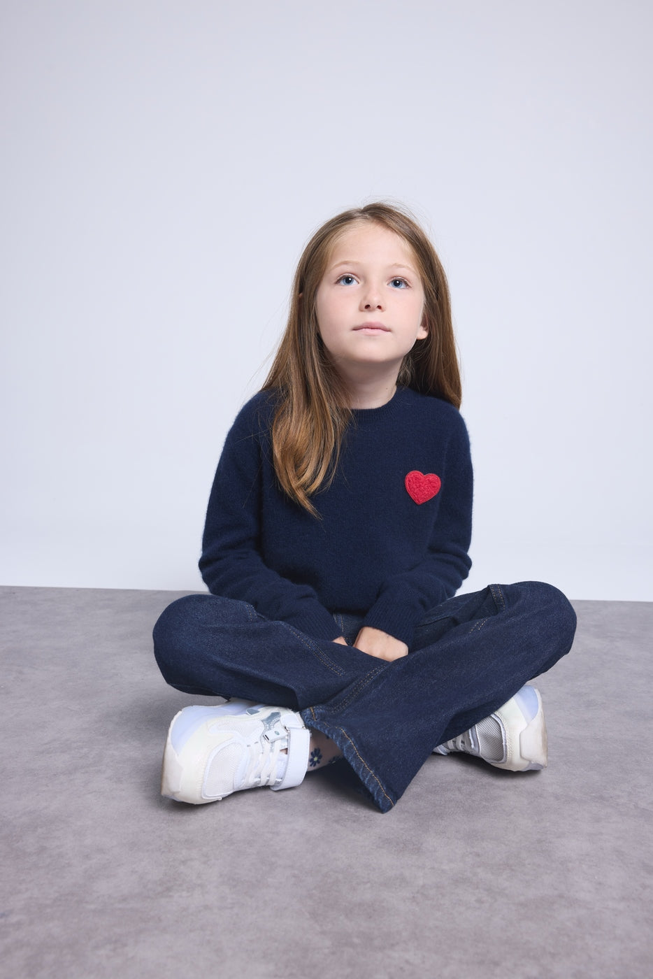Pull Col Rond Cœur Pompon Evy - Bleu Marine Rouge - Enfant