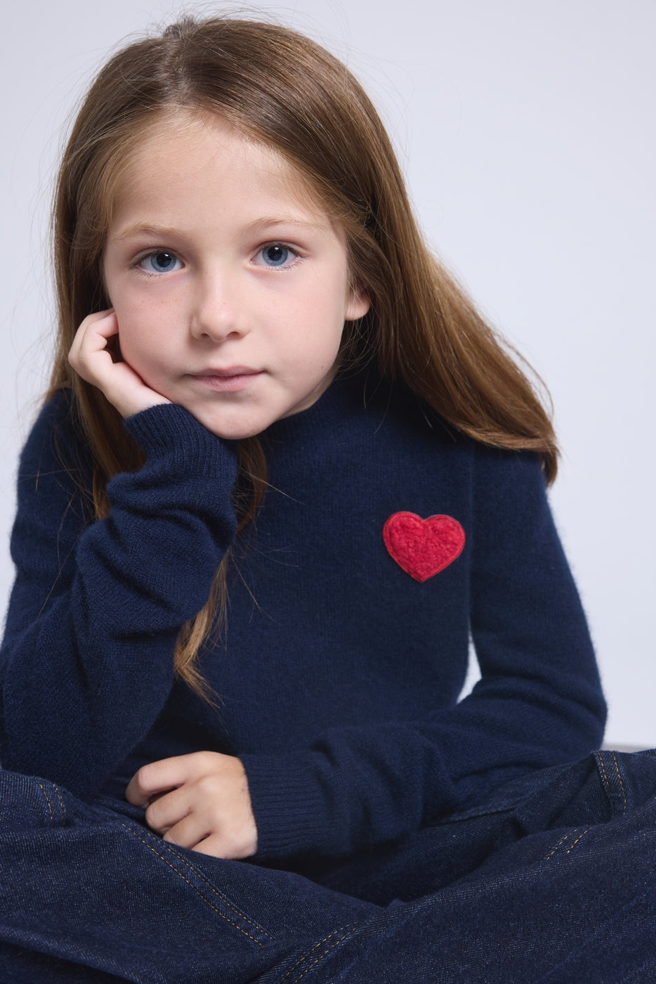 Pull Col Rond Cœur Pompon Evy - Bleu Marine Rouge - Enfant