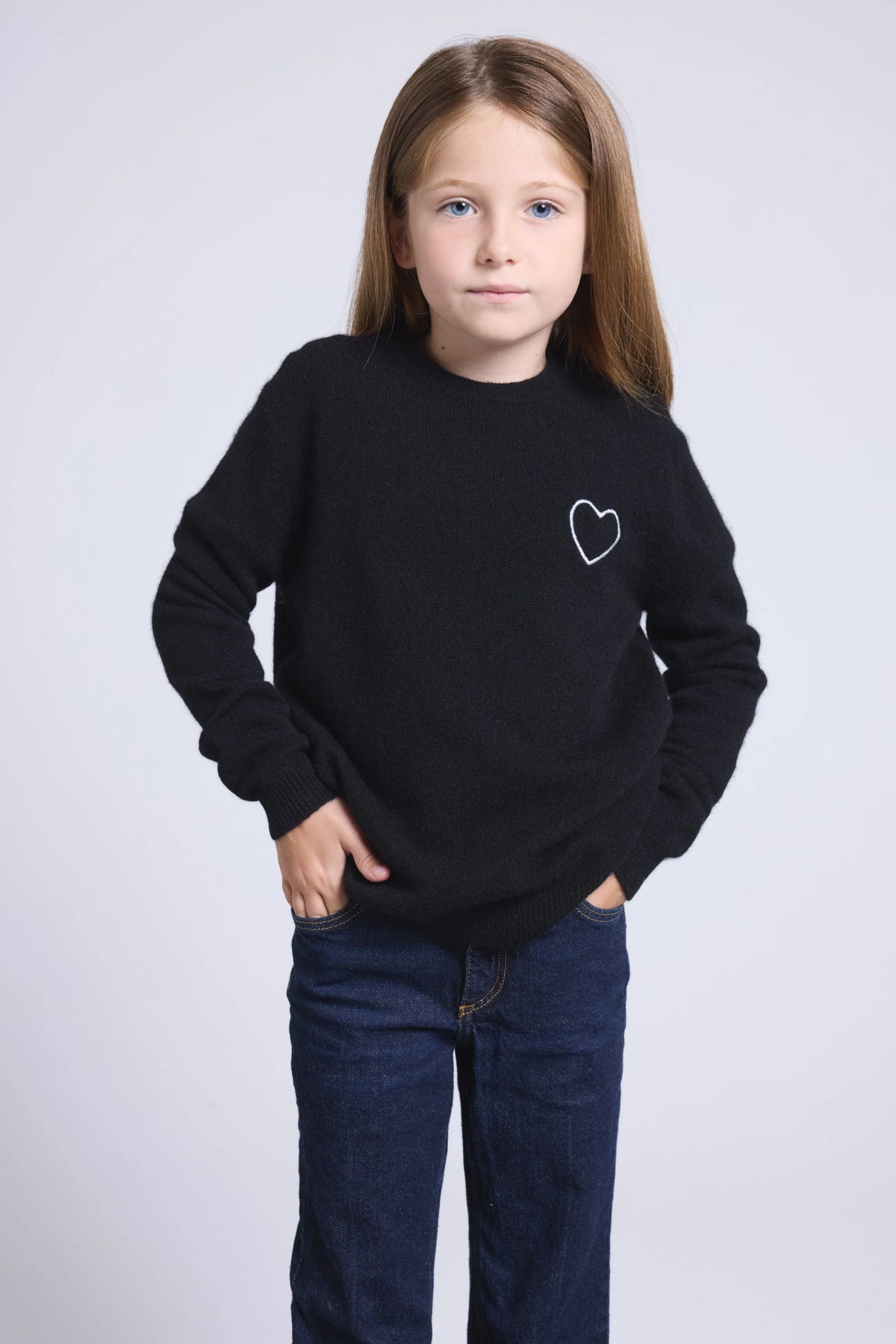 Pull Col Rond Cœur Brode Evy - Noir Argente - Enfant - 100% Cachemire