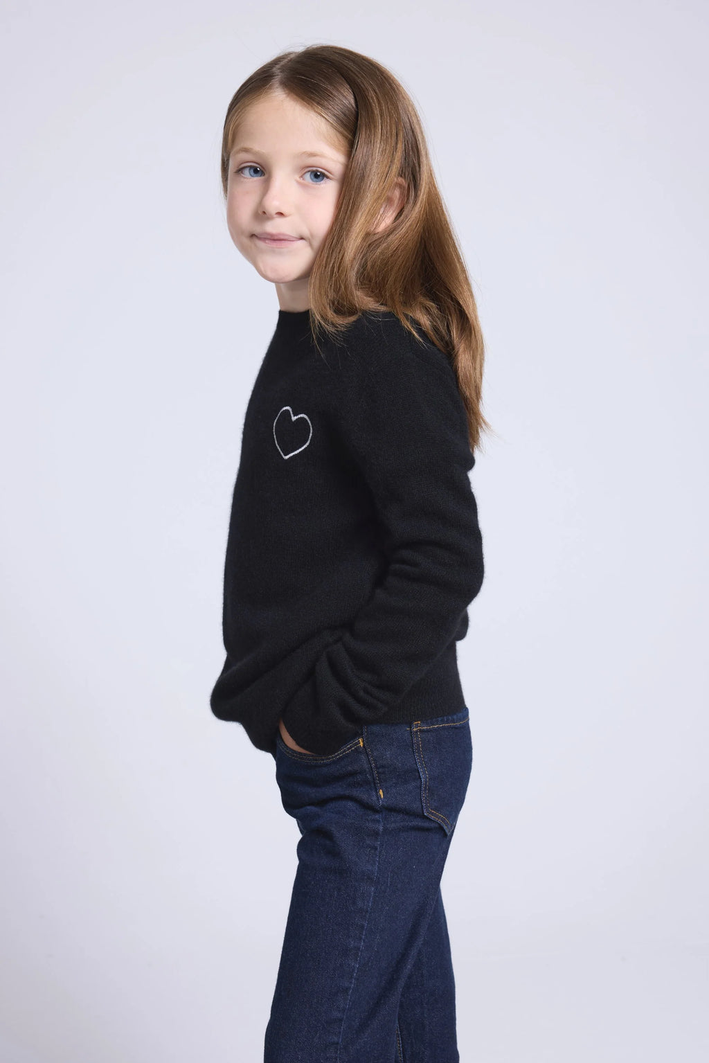 Pull Col Rond Cœur Brode Evy - Noir Argente - Enfant - 100% Cachemire