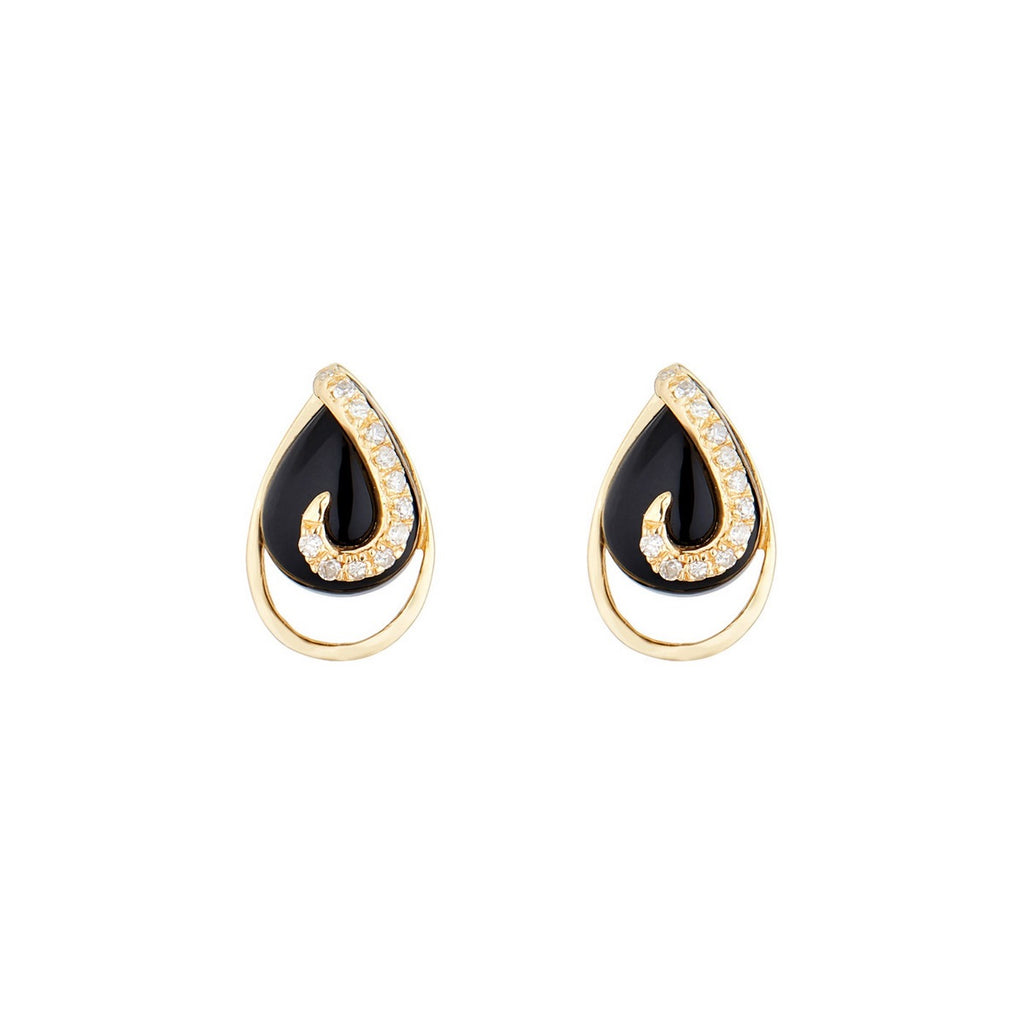 "Galapagos" Earrings with 0.08/24 Diamonds &amp; Black Agate - 375/1000 Yellow Gold