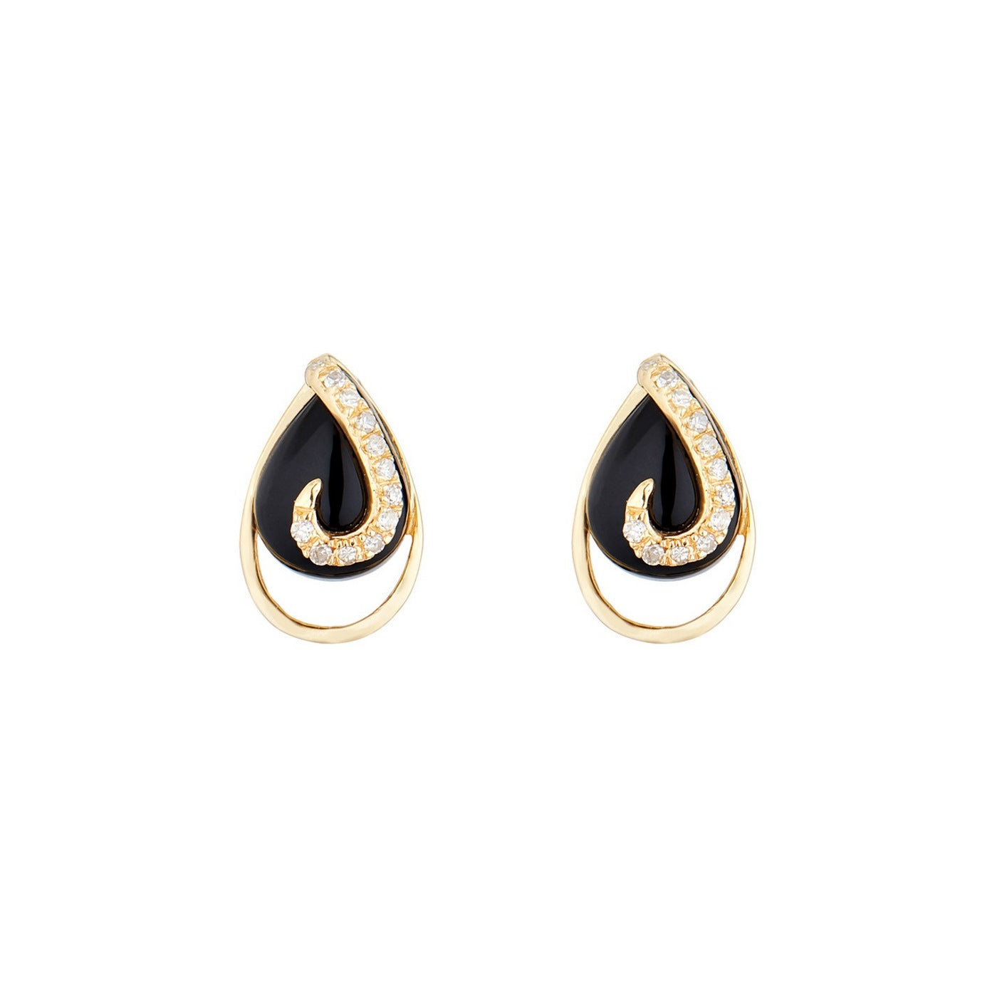 "Galapagos" Earrings with 0.08/24 Diamonds &amp; Black Agate - 375/1000 Yellow Gold