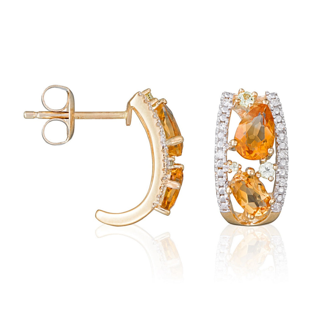 Boucles D'Oreilles "Olivines" D0,06/20 & Péridot 0,16/6 & Citrine 1,28/4 - Or Jaune 375/1000