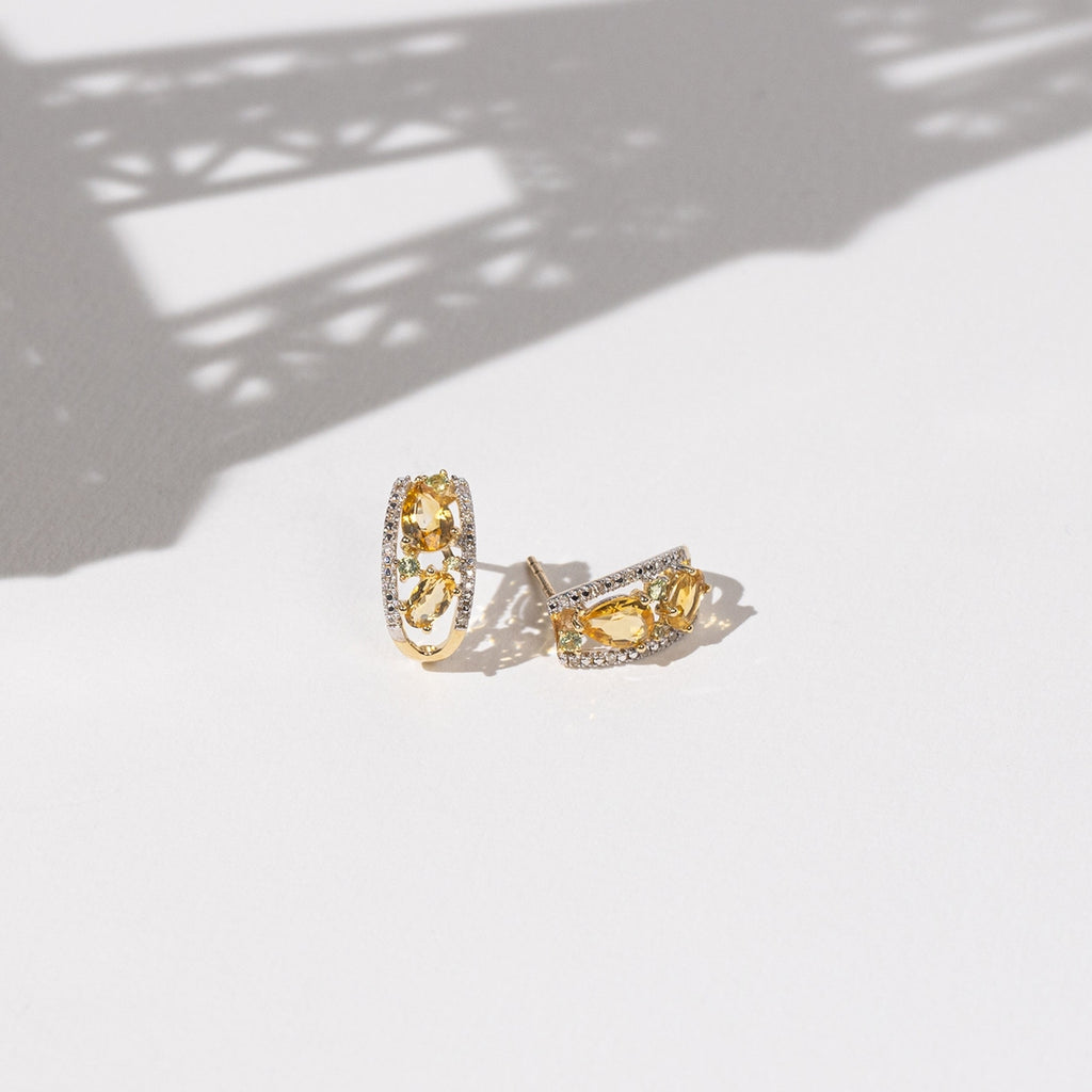 Boucles D'Oreilles "Olivines" D0,06/20 & Péridot 0,16/6 & Citrine 1,28/4 - Or Jaune 375/1000