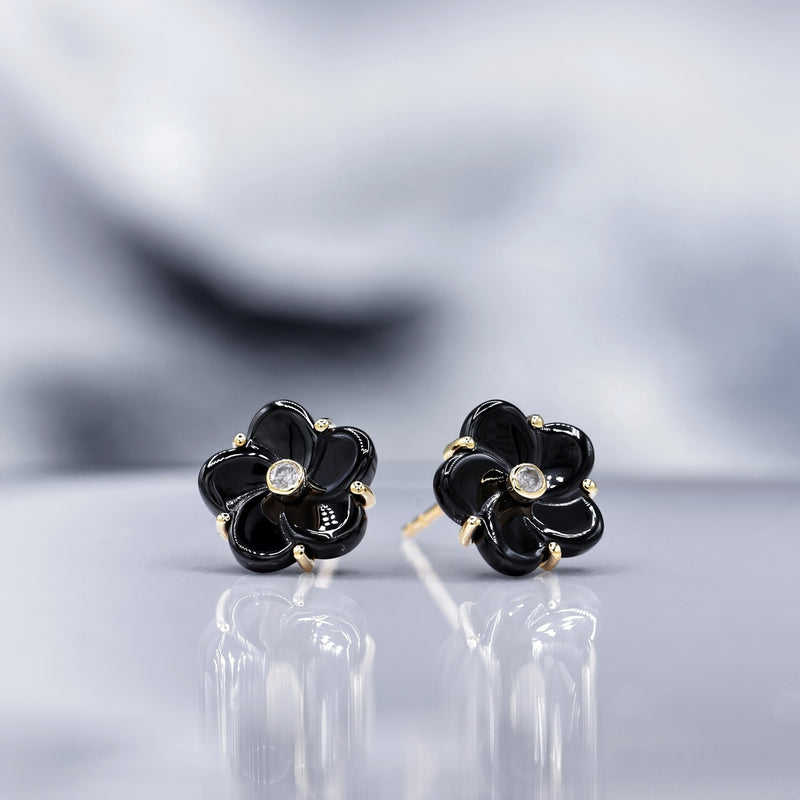 Boucles D'Oreilles "Fleur Noir" Ceram Dia 0,04/2 - Or Jaune 375/1000