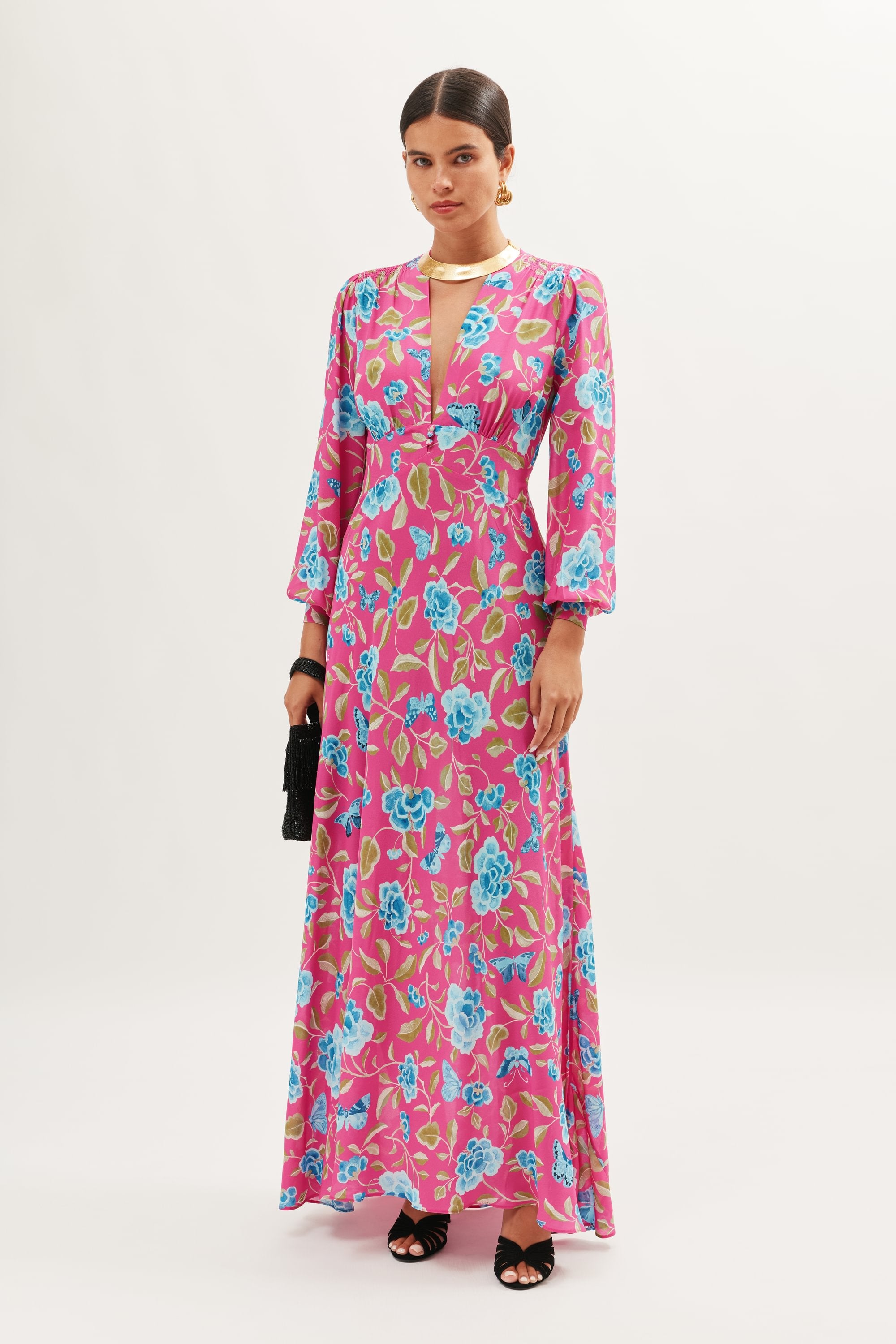 Vestido magenta con estampado floral y mariposa Emory