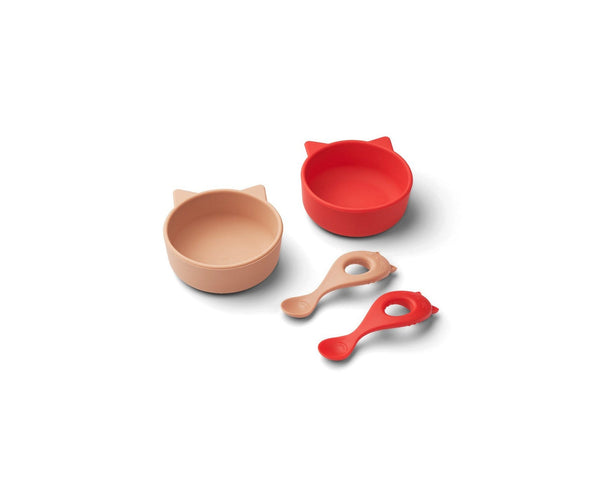 Soft Silicone Baby Meal Set - Pack of 2 Evan - Cat Apple Red/Tuscany Rose Mix