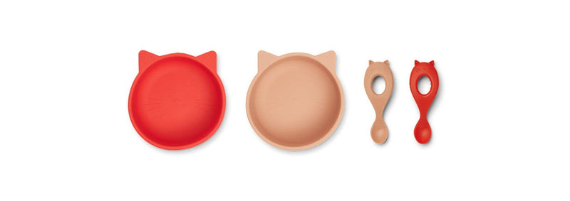 Soft Silicone Baby Meal Set - Pack of 2 Evan - Cat Apple Red/Tuscany Rose Mix
