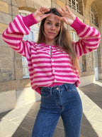 Cardigan Solela Rayé Rose Et Rouge