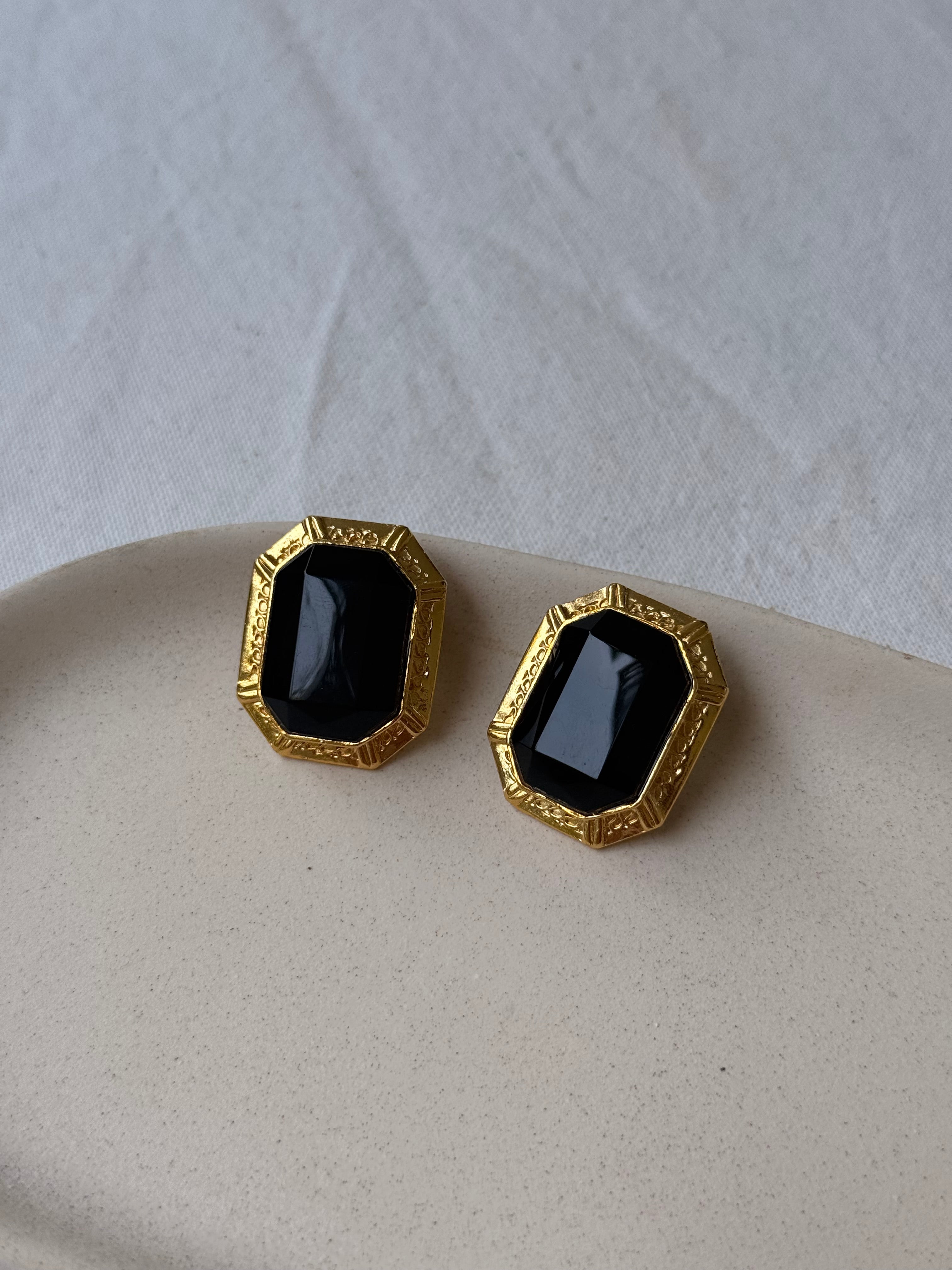 Boucles D’Oreilles Vintage - Strass Facetté Noir