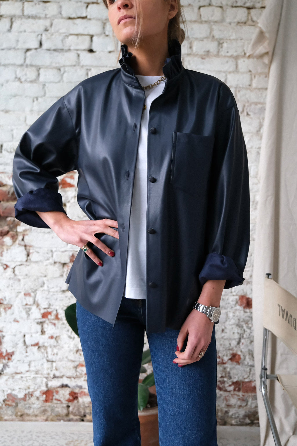 Lou Faux Leather Overshirt Navy