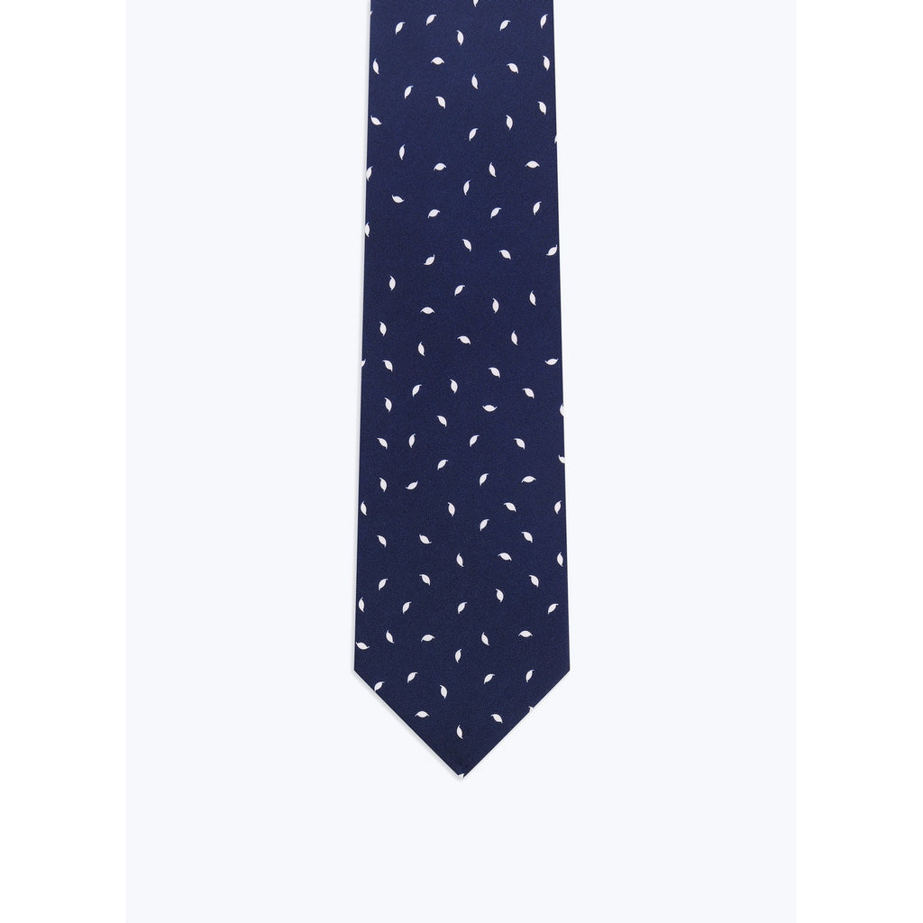 Cravate En Satin De Soie À Motif - Bleu Marine - Motif Plumes Blanches