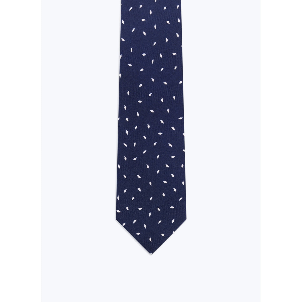 Cravate En Satin De Soie À Motif - Bleu Marine - Motif Plumes Blanches