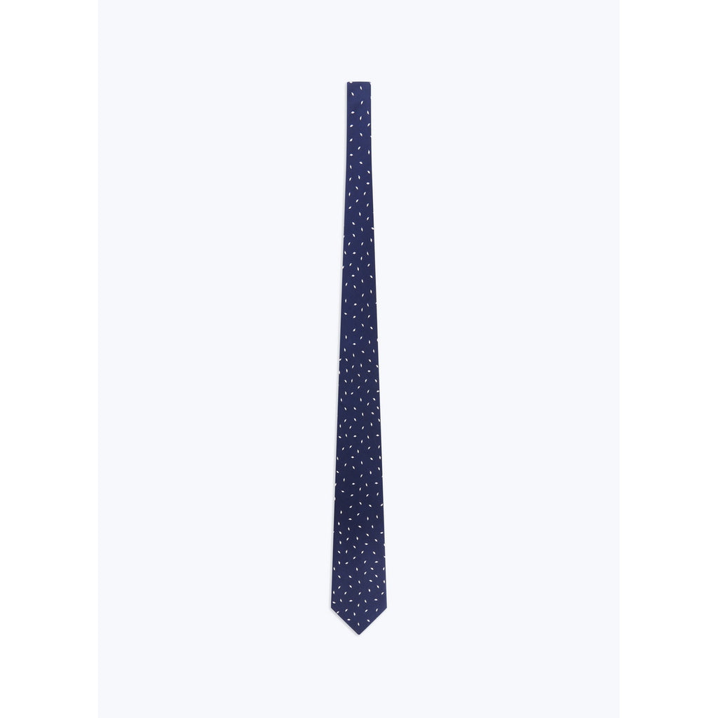 Cravate En Satin De Soie À Motif - Bleu Marine - Motif Plumes Blanches