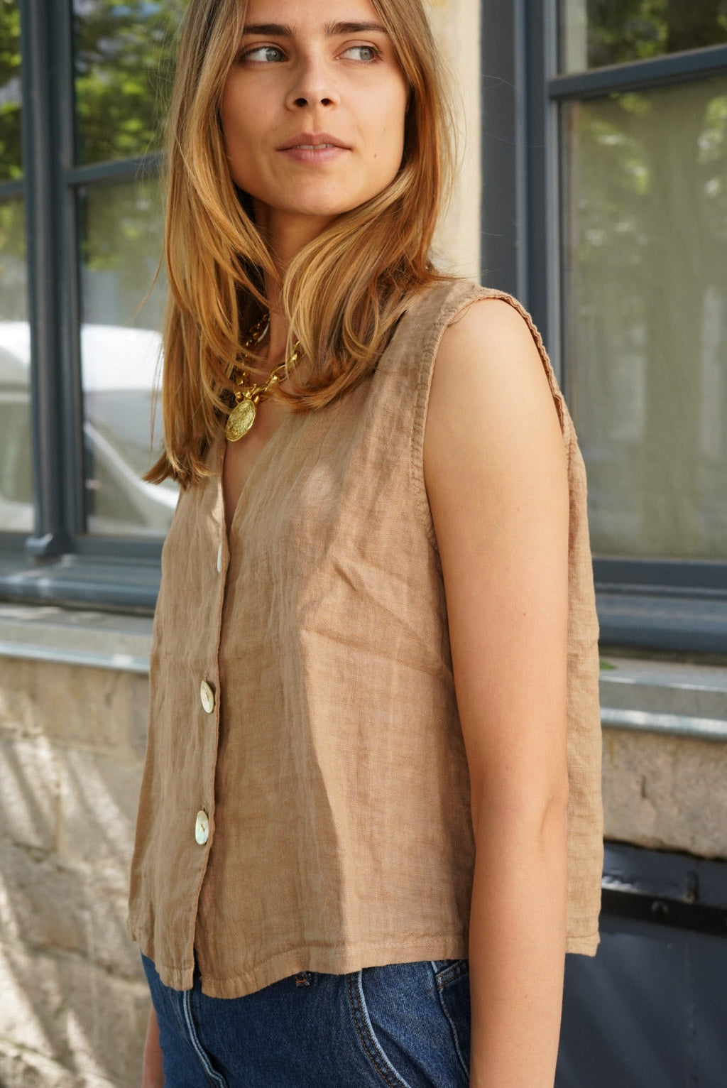 Abel Linen Sleeveless Top Camel