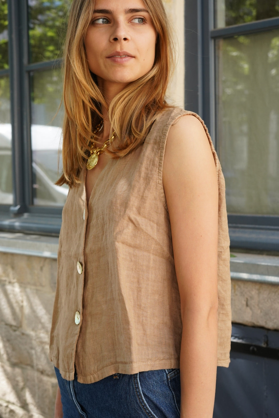Abel Linen Sleeveless Top Camel