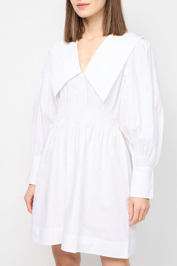 Smocked V-Neck Cotton Poplin Mini Dress - Bright White