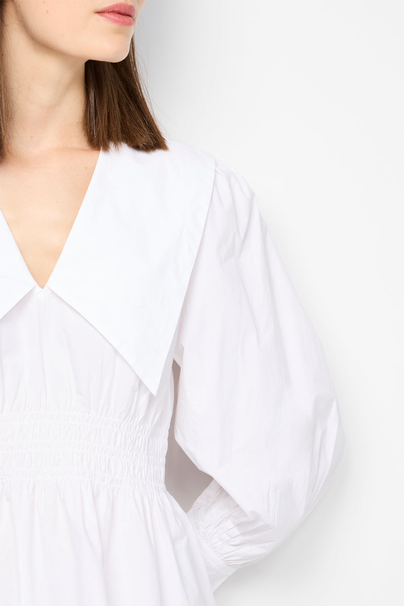 Smocked V-Neck Mini Dress in Cotton Poplin - Bright White