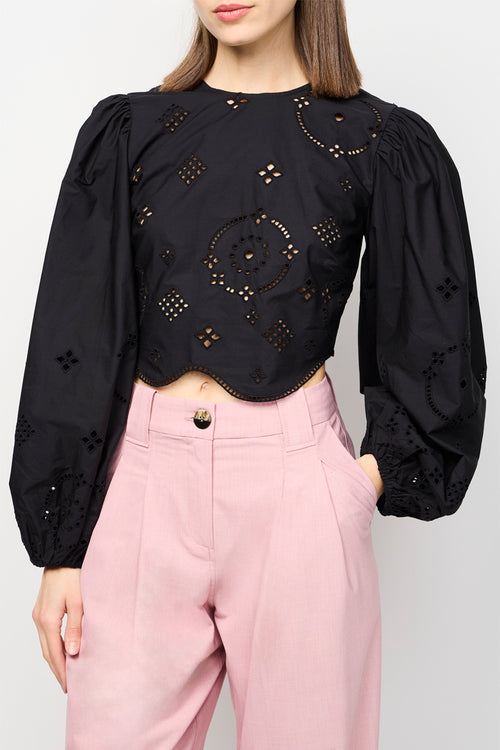 Broderie Anglaise Tailored Short Blouse - Black
