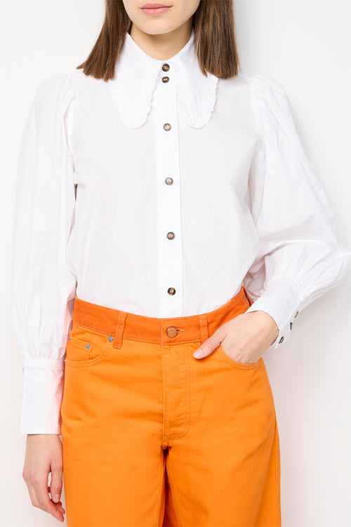 Camisa de popelina de algodón con cuello largo y manga abullonada - Blanco Brillante