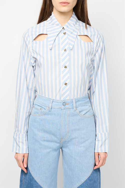Long Collared Cotton Stripe Shirt - Forever Blue