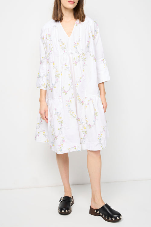 Floral Shape Bright White V-Neck Gathered Cotton Print Dress