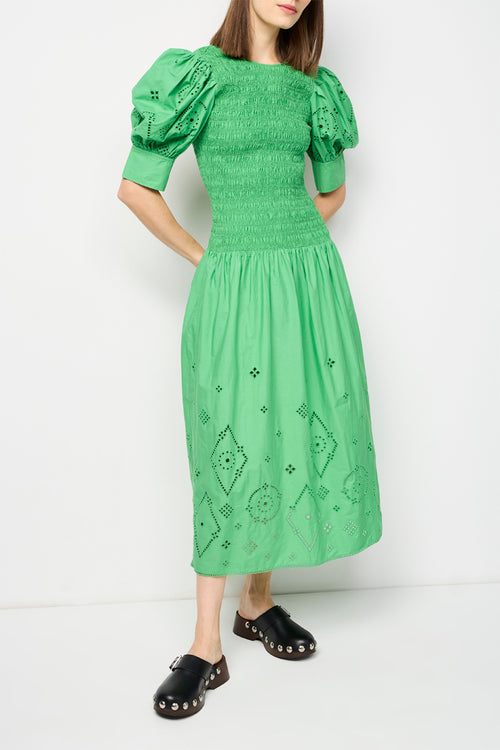 Broderie Anglaise Long Smocked Dress - Kelly Green