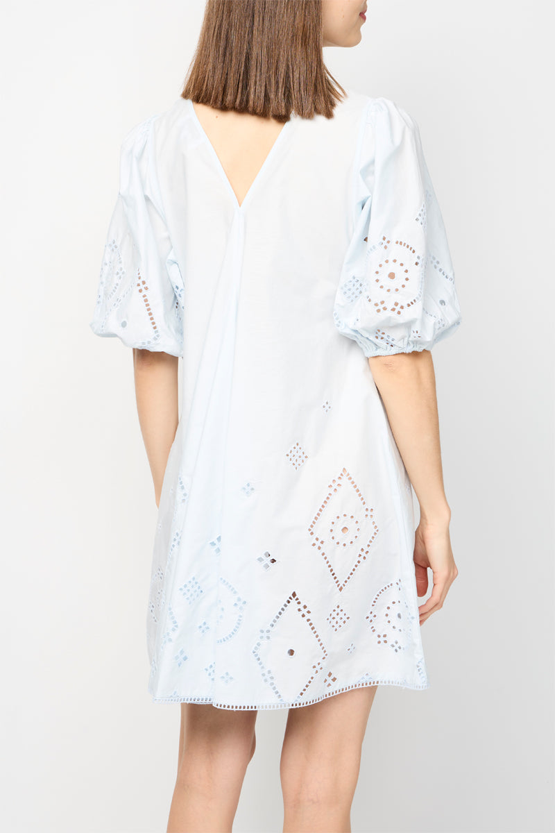 Broderie Anglaise Puff Sleeve Short Dress - Illusion Blue