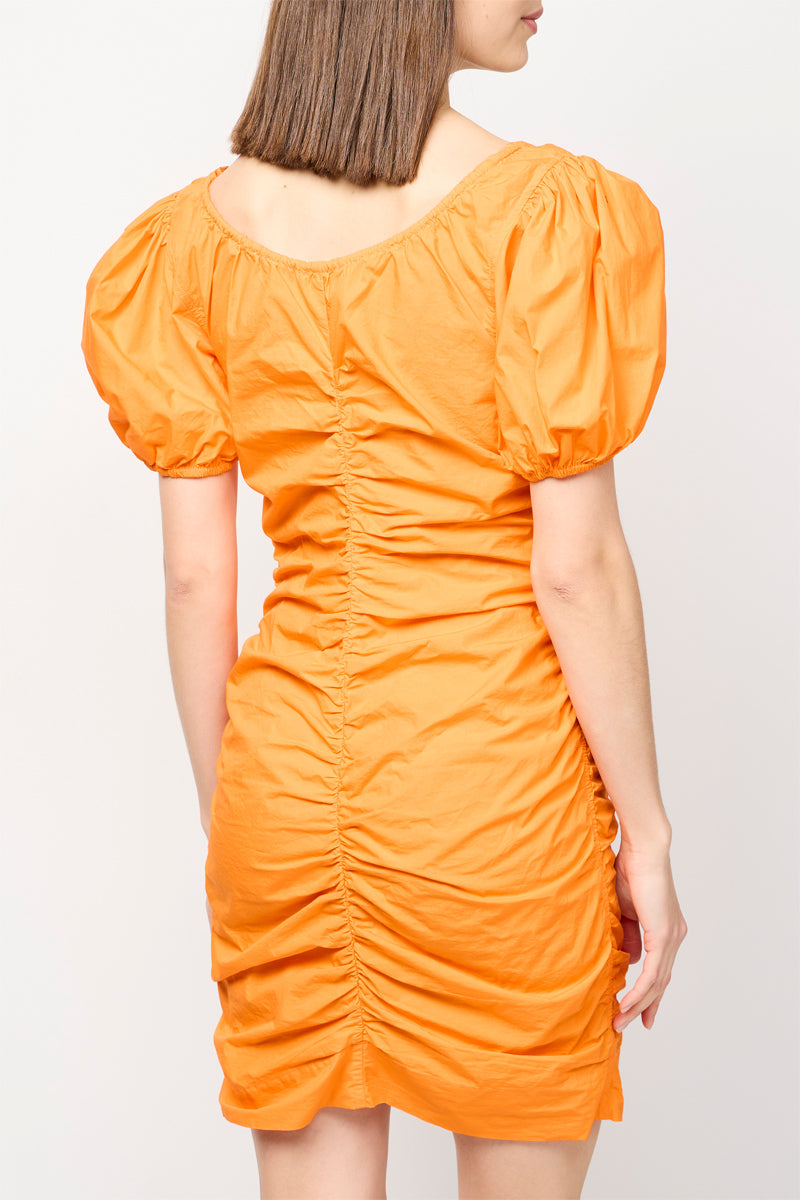 Ganni - Minivestido Fruncido Con Escote En U En Popelina De Algodón - Vibrant Orange