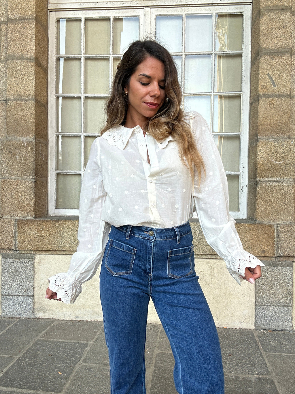Ambre beige wide-collar blouse