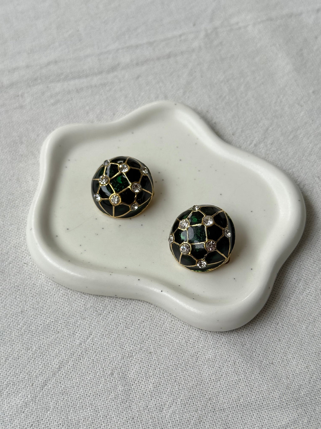 Boucles D’Oreilles Vintage - Émail Vert Et Strass