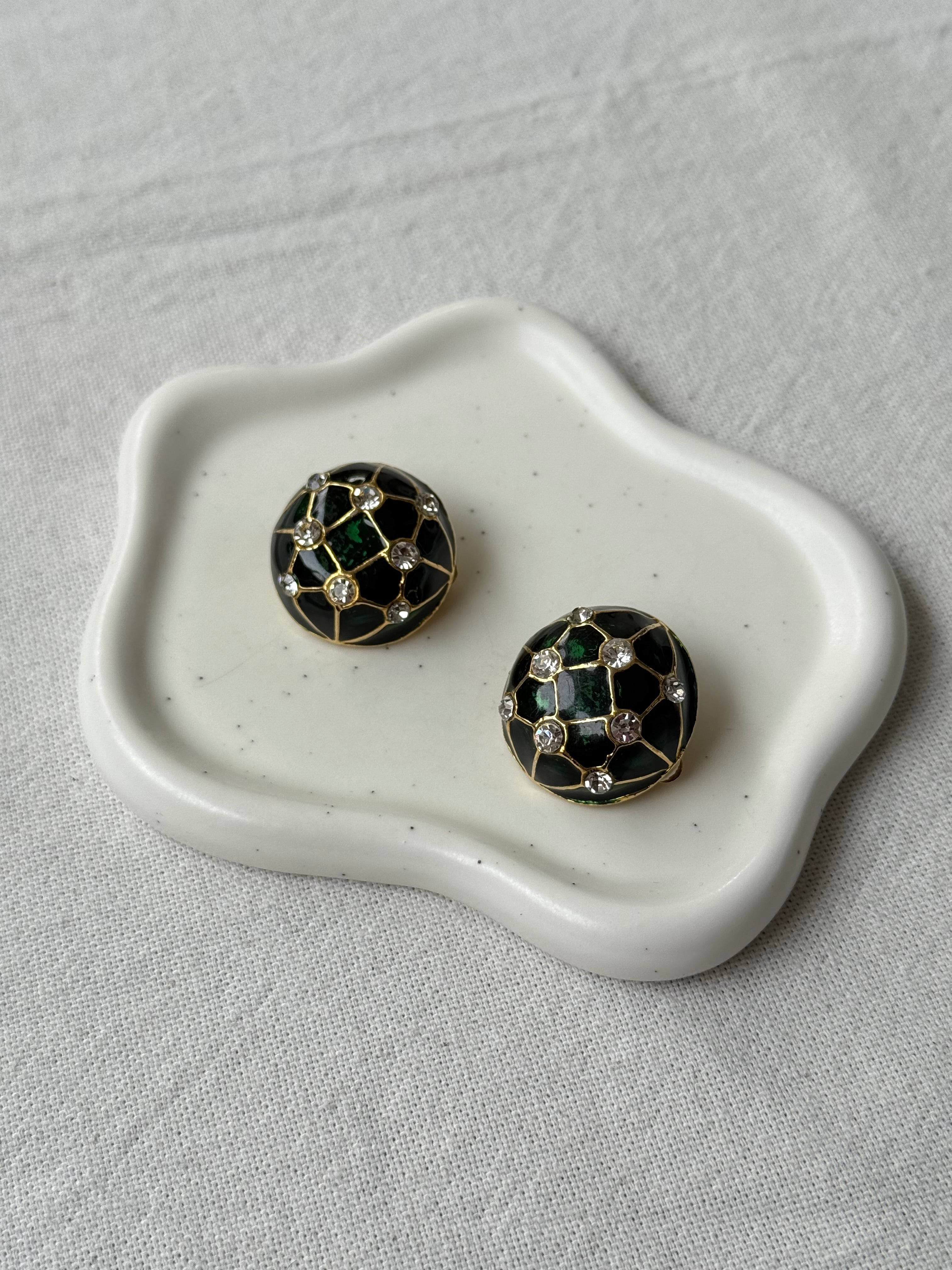 Boucles D’Oreilles Vintage - Émail Vert Et Strass