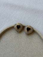 Boucles D’Oreilles Vintage - Cœurs Strass Et Cabochon Noir
