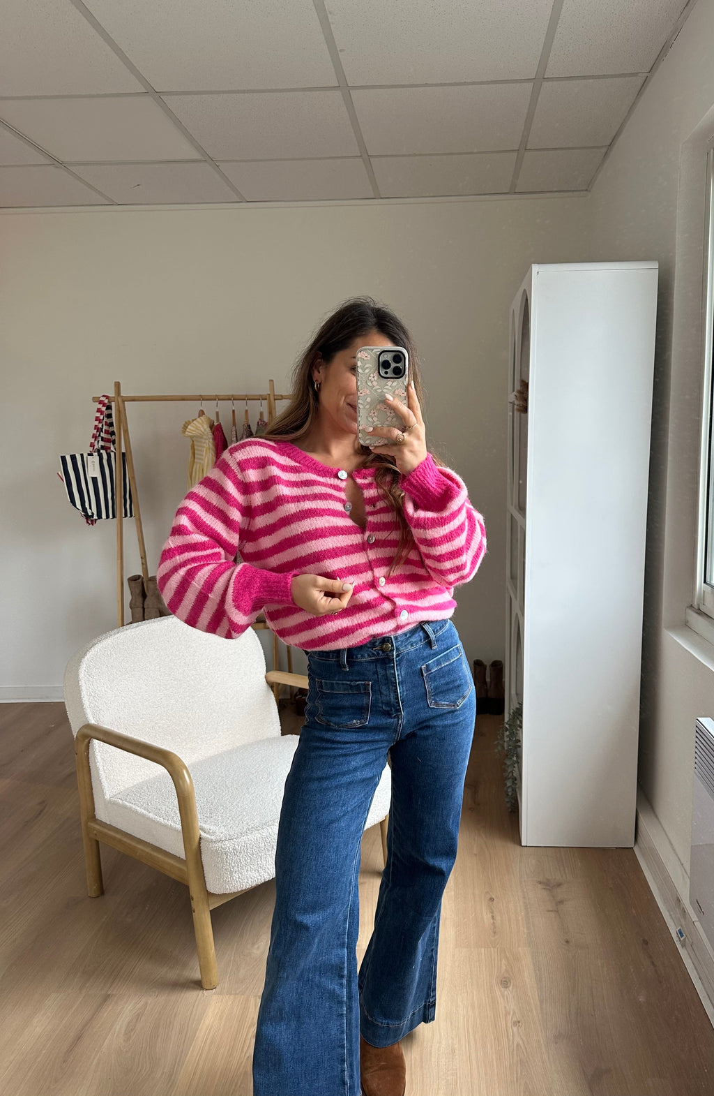 Cardigan Solela Rayé Rose Et Rouge