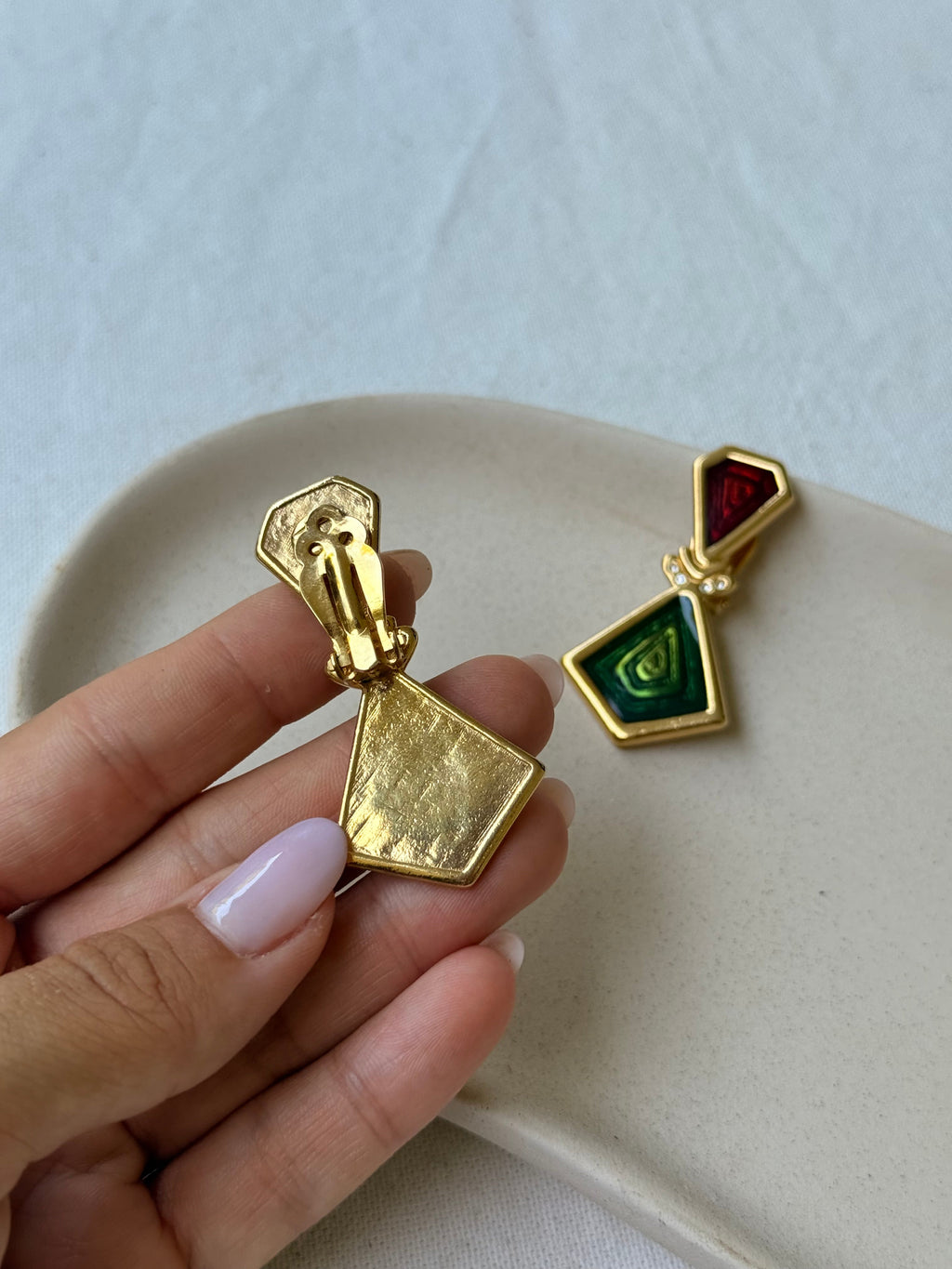Vintage Enamelled Earrings - Red And Green