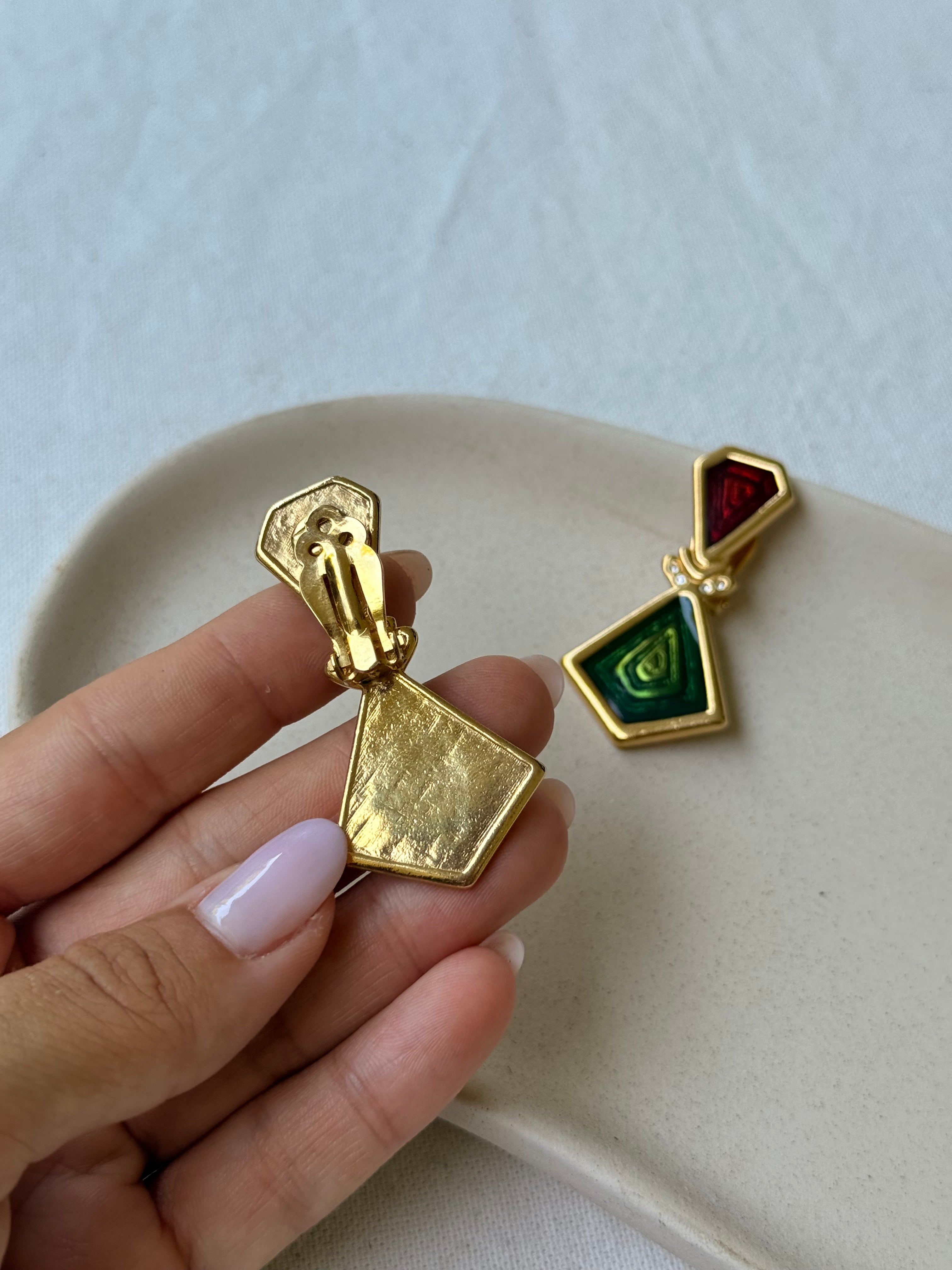 Vintage Enamelled Earrings - Red And Green