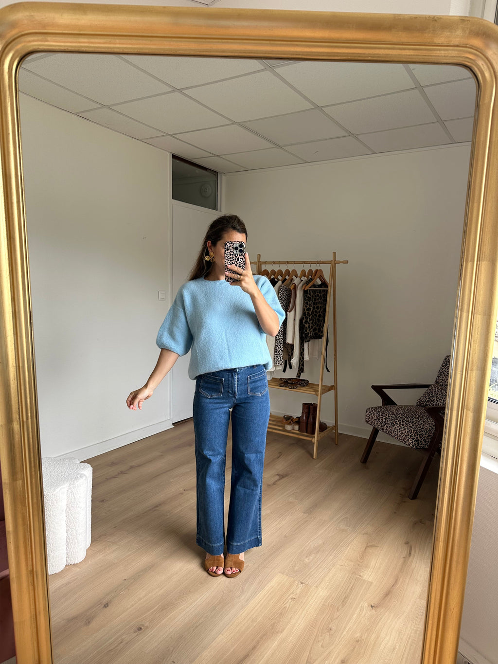 Short Sleeve Wool Knit Brown Sky Blue