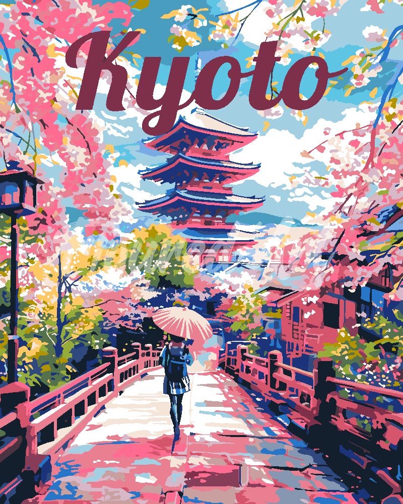 Peinture Par Numéros - Affiche De Voyage Kyoto En Fleurs
