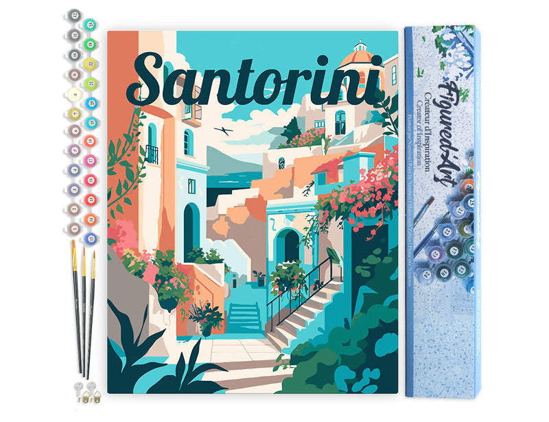 Peinture Par Numéros - Affiche De Voyage Santorin En Fleurs