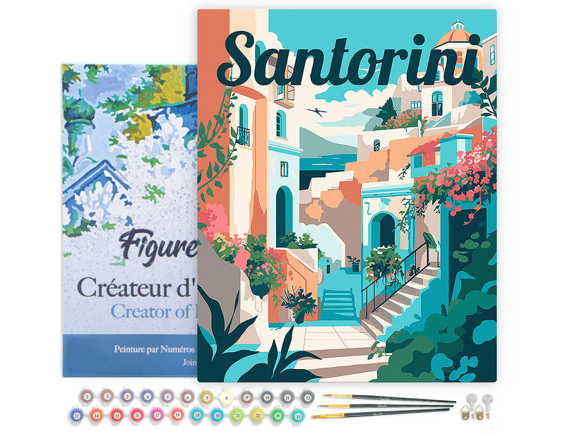 Peinture Par Numéros - Affiche De Voyage Santorin En Fleurs