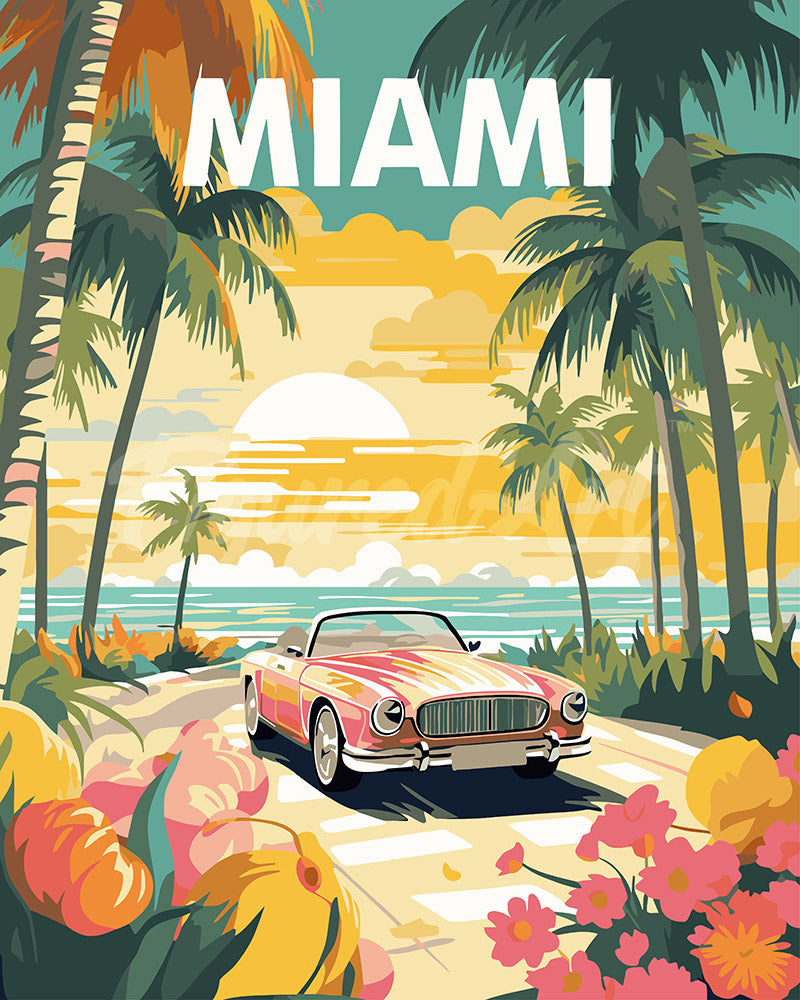 Peinture Par Numéros - Affiche De Voyage Miami Au Coucher Du Soleil