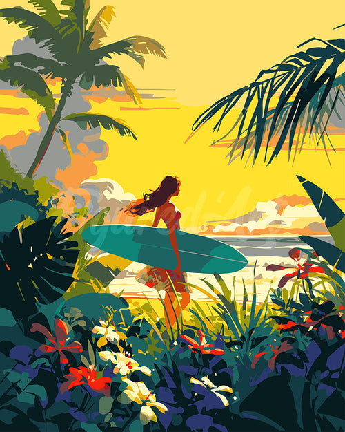 Peinture par numéros Figured'Art Surfeuse au coucher du soleil